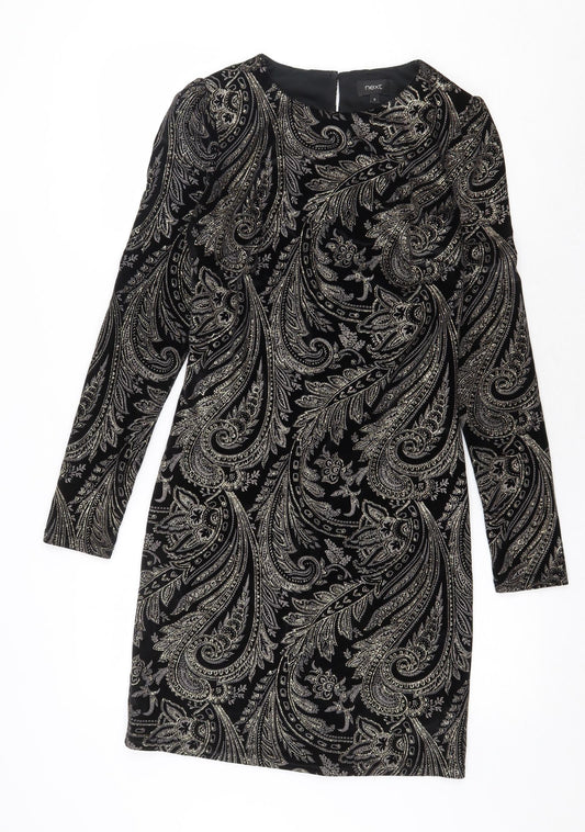 NEXT Womens Black Paisley Polyester Shift Size 8 Round Neck Button