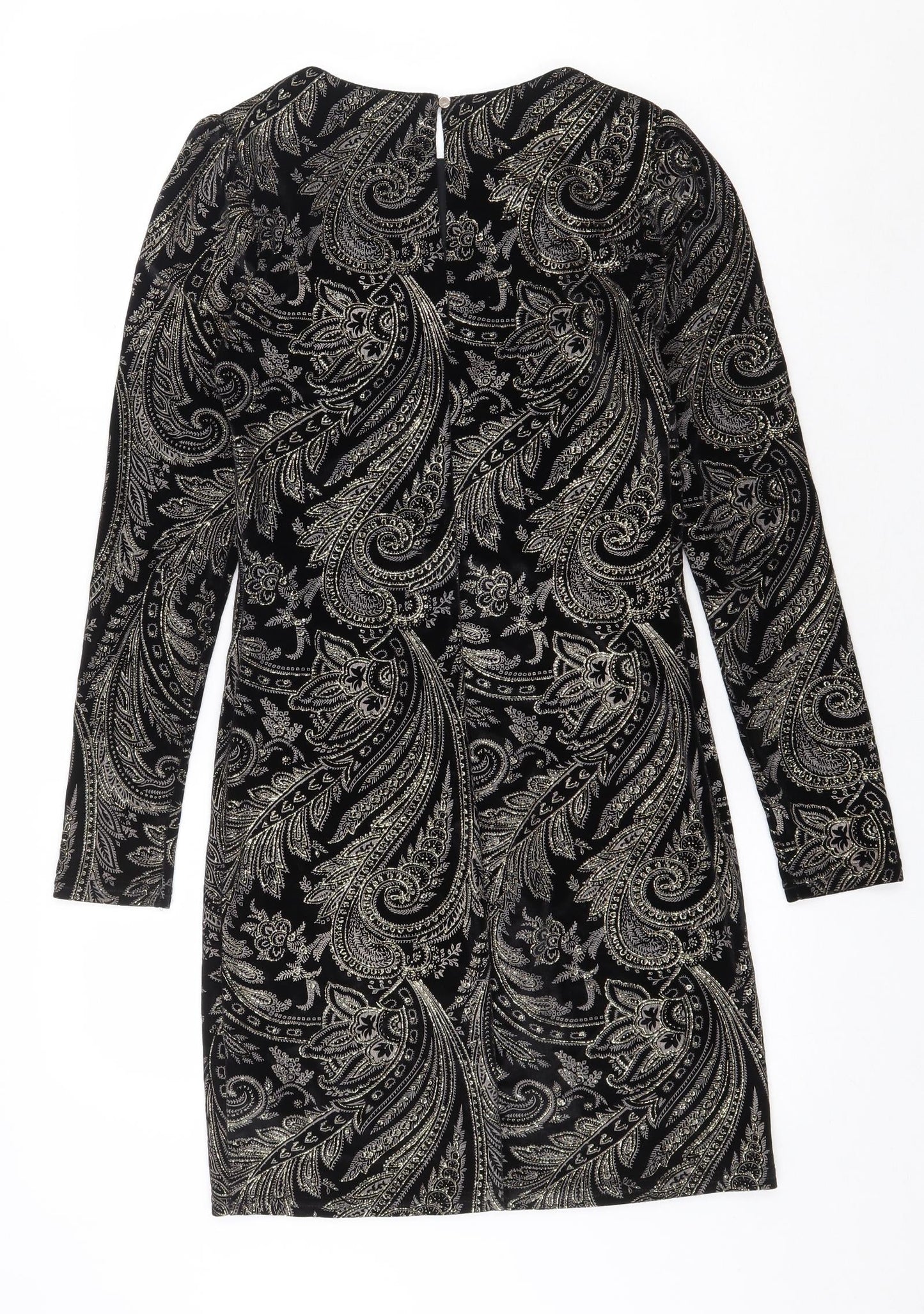 NEXT Womens Black Paisley Polyester Shift Size 8 Round Neck Button