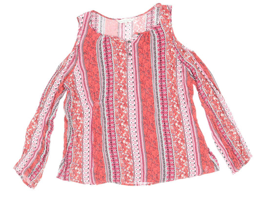 F&F Womens Red Geometric Viscose Basic Blouse Size 16 Round Neck - Cold Shoulder