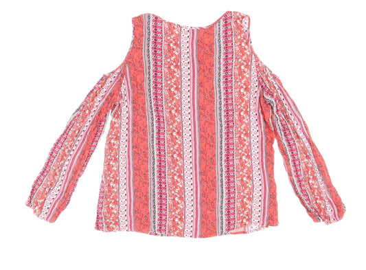 F&F Womens Red Geometric Viscose Basic Blouse Size 16 Round Neck - Cold Shoulder