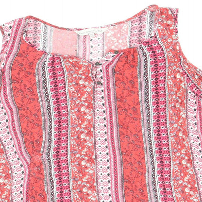 F&F Womens Red Geometric Viscose Basic Blouse Size 16 Round Neck - Cold Shoulder