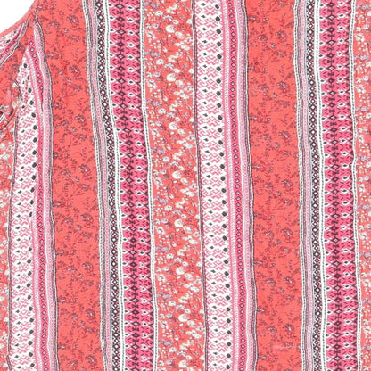 F&F Womens Red Geometric Viscose Basic Blouse Size 16 Round Neck - Cold Shoulder