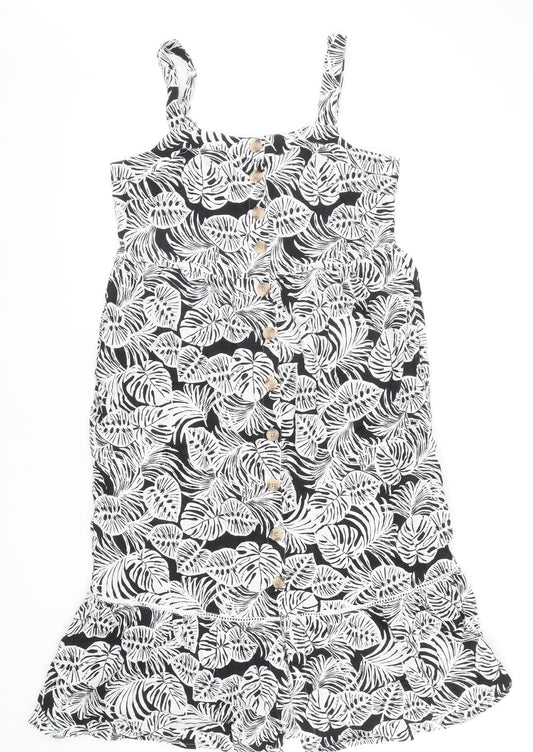 Marks and Spencer Womens Black Floral Cotton Tank Dress Size 12 Scoop Neck Button