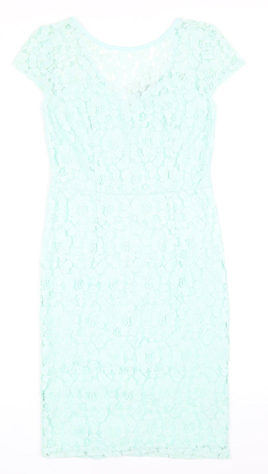 Dorothy Perkins Womens Green Nylon Pencil Dress Size 10 Round Neck Zip - Lace Detail