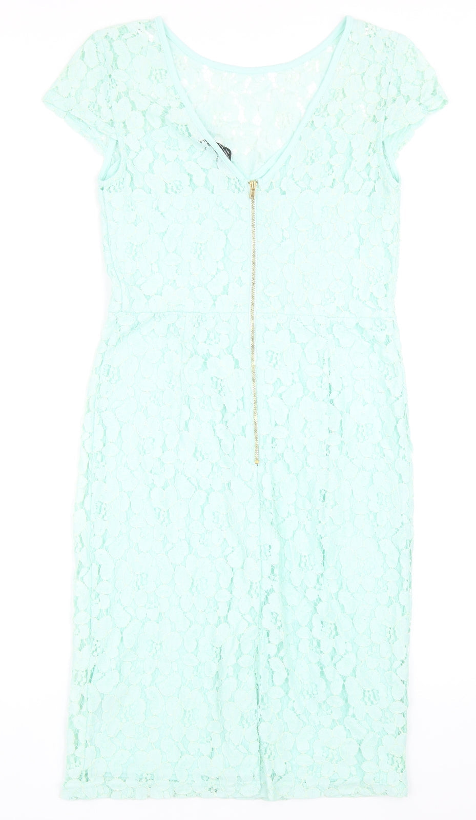 Dorothy Perkins Womens Green Nylon Pencil Dress Size 10 Round Neck Zip - Lace Detail