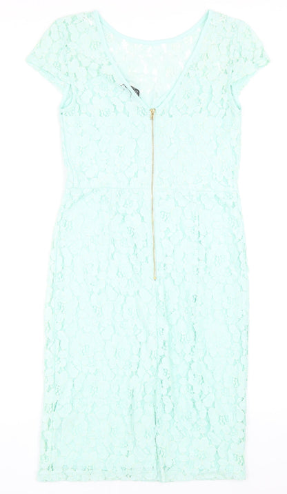 Dorothy Perkins Womens Green Nylon Pencil Dress Size 10 Round Neck Zip - Lace Detail