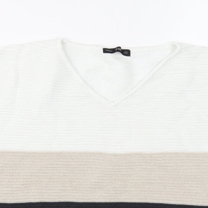 F&F Womens White V-Neck Viscose Pullover Jumper Size 12