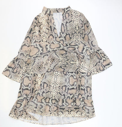 Preworn Womens Brown Animal Print Polyester Trapeze & Swing Size S V-Neck Pullover - Snakeskin Pattern