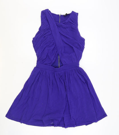 Topshop Womens Blue Nylon Skater Dress Size 8 Round Neck Zip