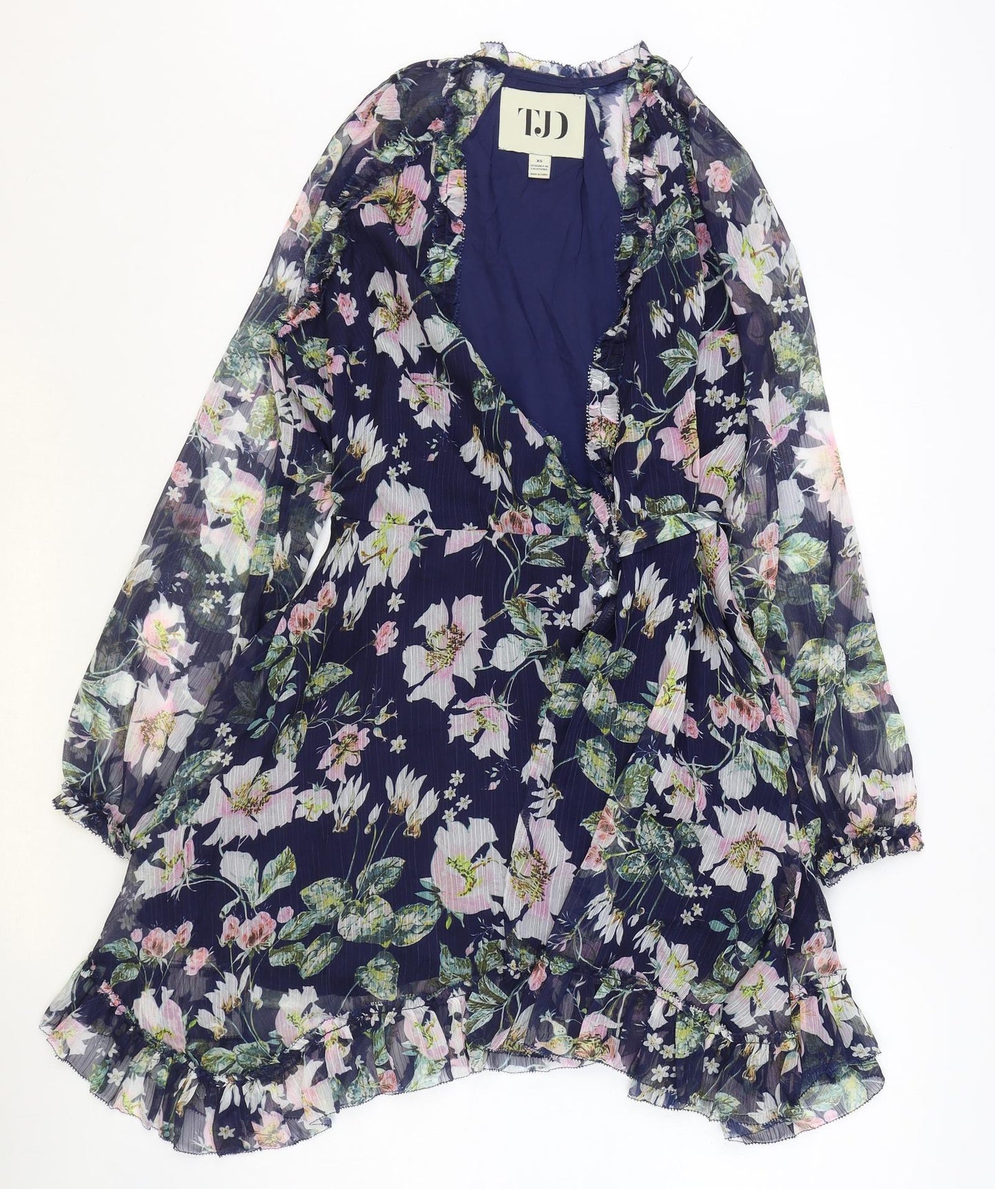 TJD Womens Blue Floral Polyester A-Line Size XS V-Neck Tie