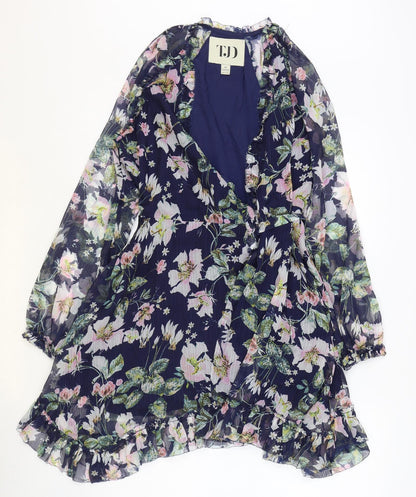TJD Womens Blue Floral Polyester A-Line Size XS V-Neck Tie