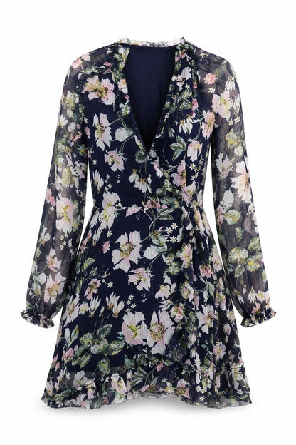 TJD Womens Blue Floral Polyester A-Line Size XS V-Neck Tie