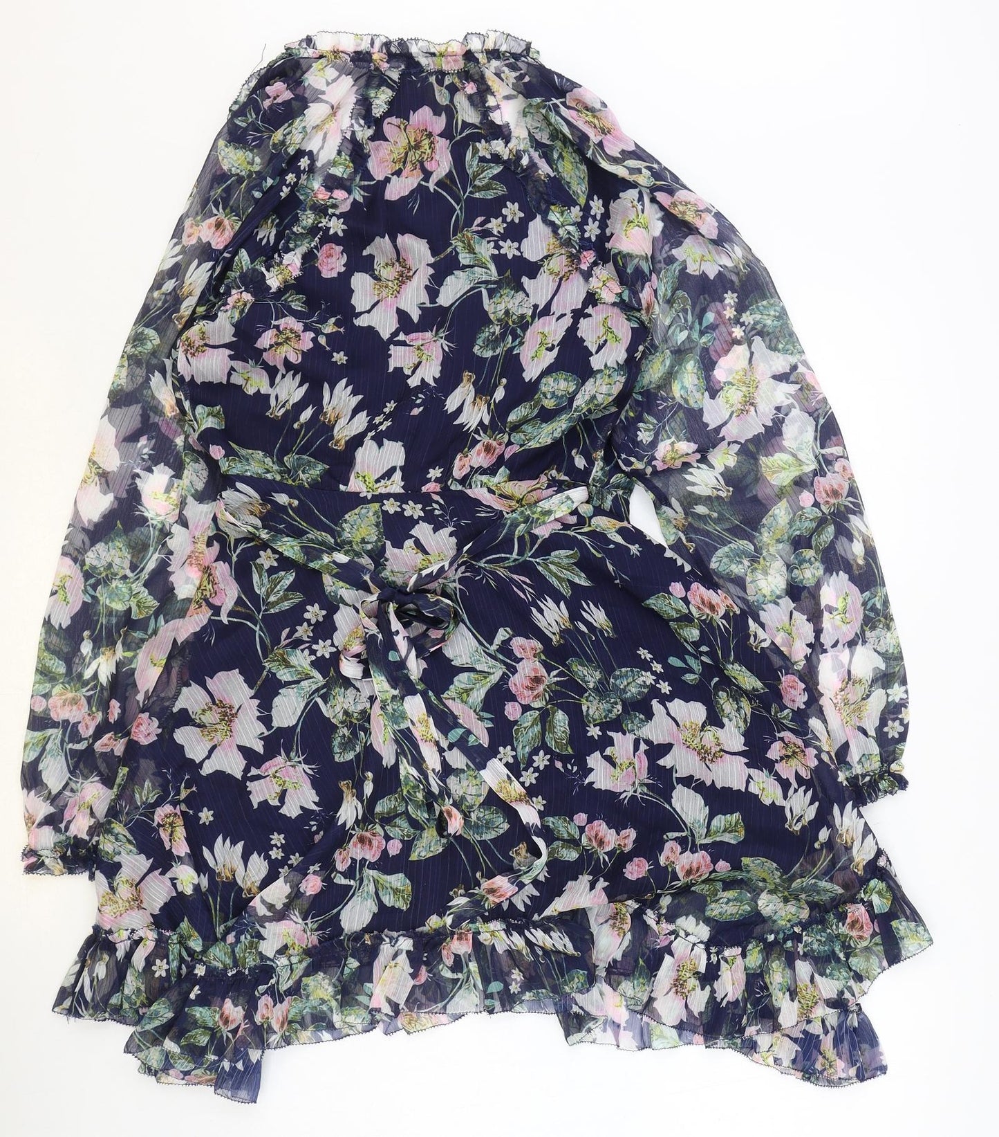 TJD Womens Blue Floral Polyester A-Line Size XS V-Neck Tie