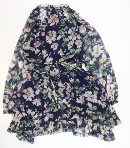 TJD Womens Blue Floral Polyester A-Line Size XS V-Neck Tie