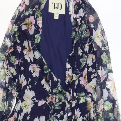 TJD Womens Blue Floral Polyester A-Line Size XS V-Neck Tie