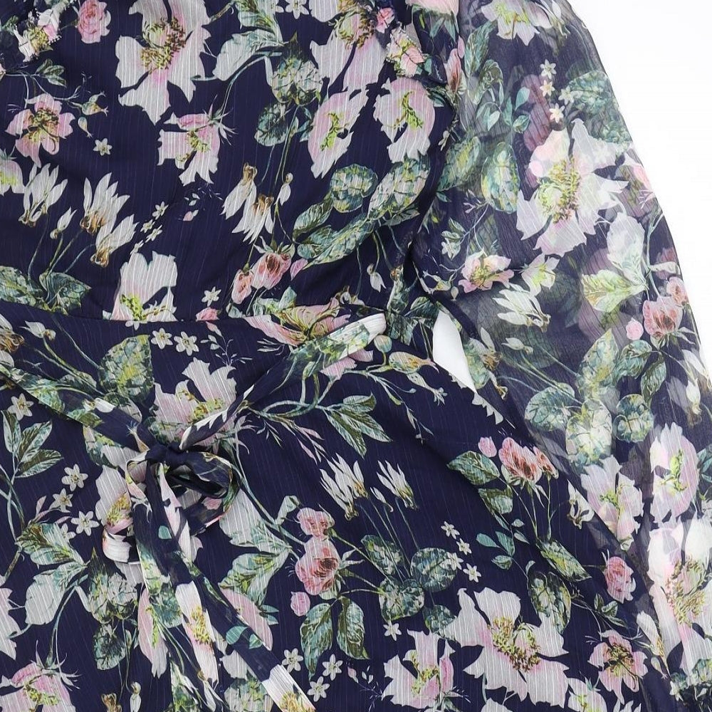 TJD Womens Blue Floral Polyester A-Line Size XS V-Neck Tie