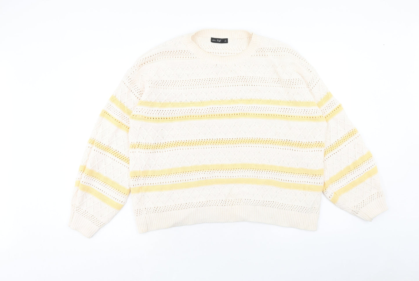 F&F Womens Ivory Round Neck Striped Cotton Pullover Jumper Size L
