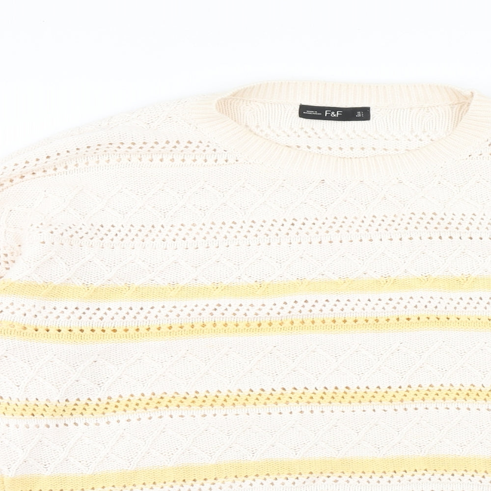 F&F Womens Ivory Round Neck Striped Cotton Pullover Jumper Size L