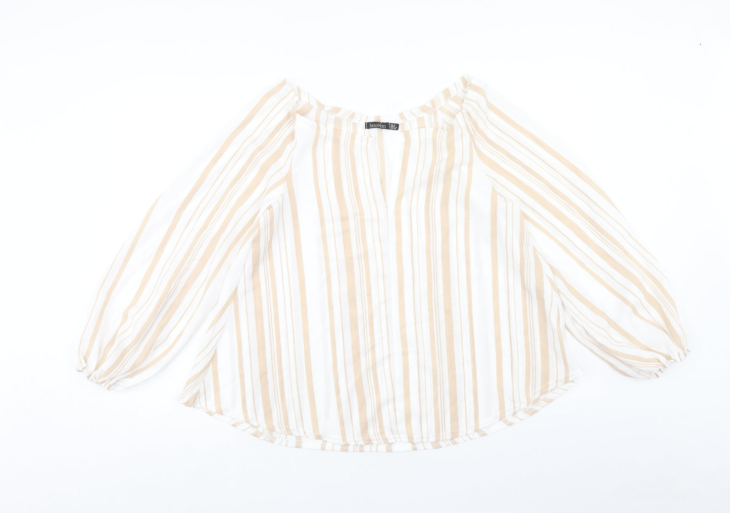 Boohoo Womens White Striped Polyester Basic Blouse Size 8 Boat Neck