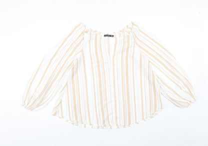 Boohoo Womens White Striped Polyester Basic Blouse Size 8 Boat Neck
