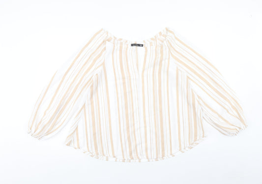 Boohoo Womens White Striped Polyester Basic Blouse Size 8 Boat Neck