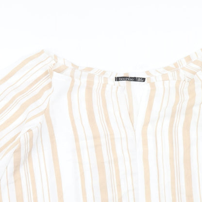 Boohoo Womens White Striped Polyester Basic Blouse Size 8 Boat Neck