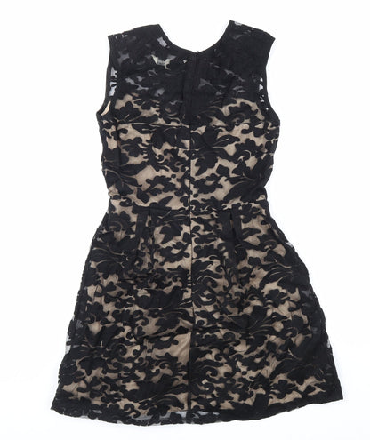 Yumi Womens Black Geometric Polyester Fit & Flare Size 10 Round Neck Zip