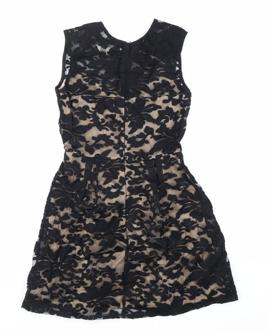 Yumi Womens Black Geometric Polyester Fit & Flare Size 10 Round Neck Zip