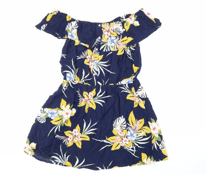Preworn Womens Blue Floral Viscose Fit & Flare Size L Off the Shoulder Button