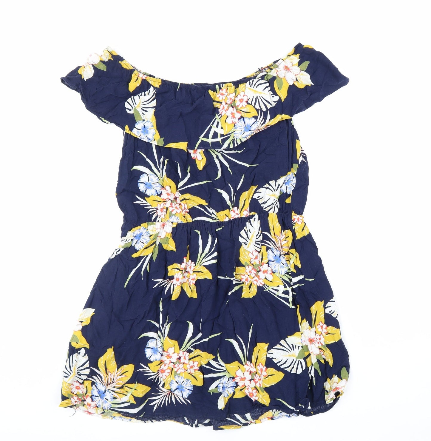 Preworn Womens Blue Floral Viscose Fit & Flare Size L Off the Shoulder Button