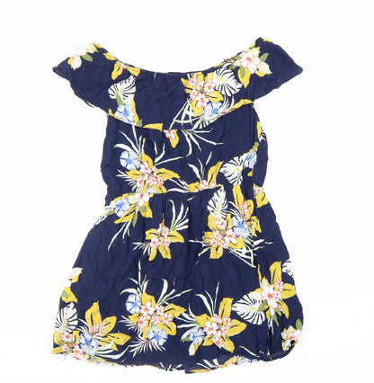 Preworn Womens Blue Floral Viscose Fit & Flare Size L Off the Shoulder Button