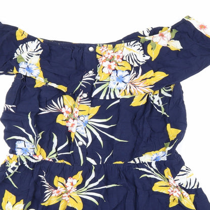 Preworn Womens Blue Floral Viscose Fit & Flare Size L Off the Shoulder Button