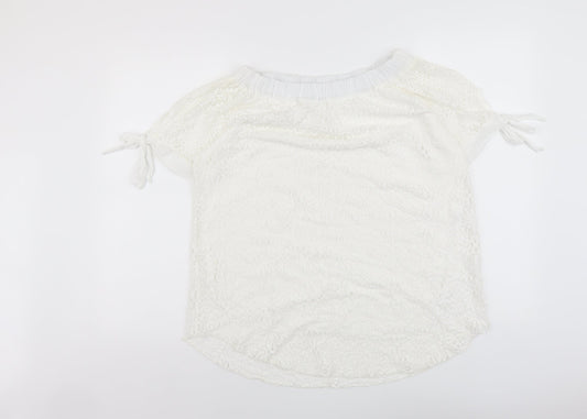 First Avenue Womens White Polyester Basic T-Shirt Size 10 Boat Neck - Tie Sleeve Detail