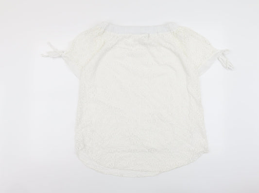 First Avenue Womens White Polyester Basic T-Shirt Size 10 Boat Neck - Tie Sleeve Detail