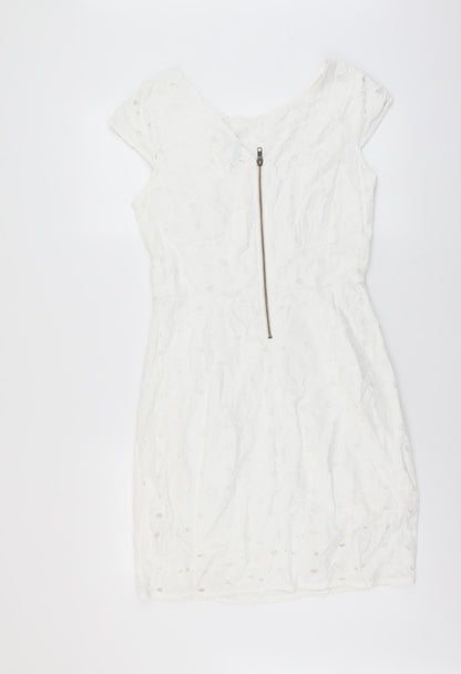 NEXT Womens White Floral Cotton Mini Size 12 Round Neck Zip