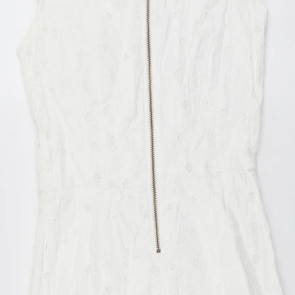 NEXT Womens White Floral Cotton Mini Size 12 Round Neck Zip