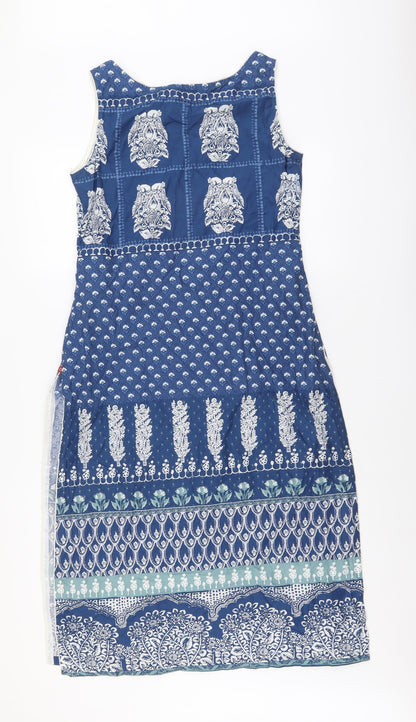 Biba Womens Blue Geometric Cotton Sheath Size XS Round Neck Pullover
