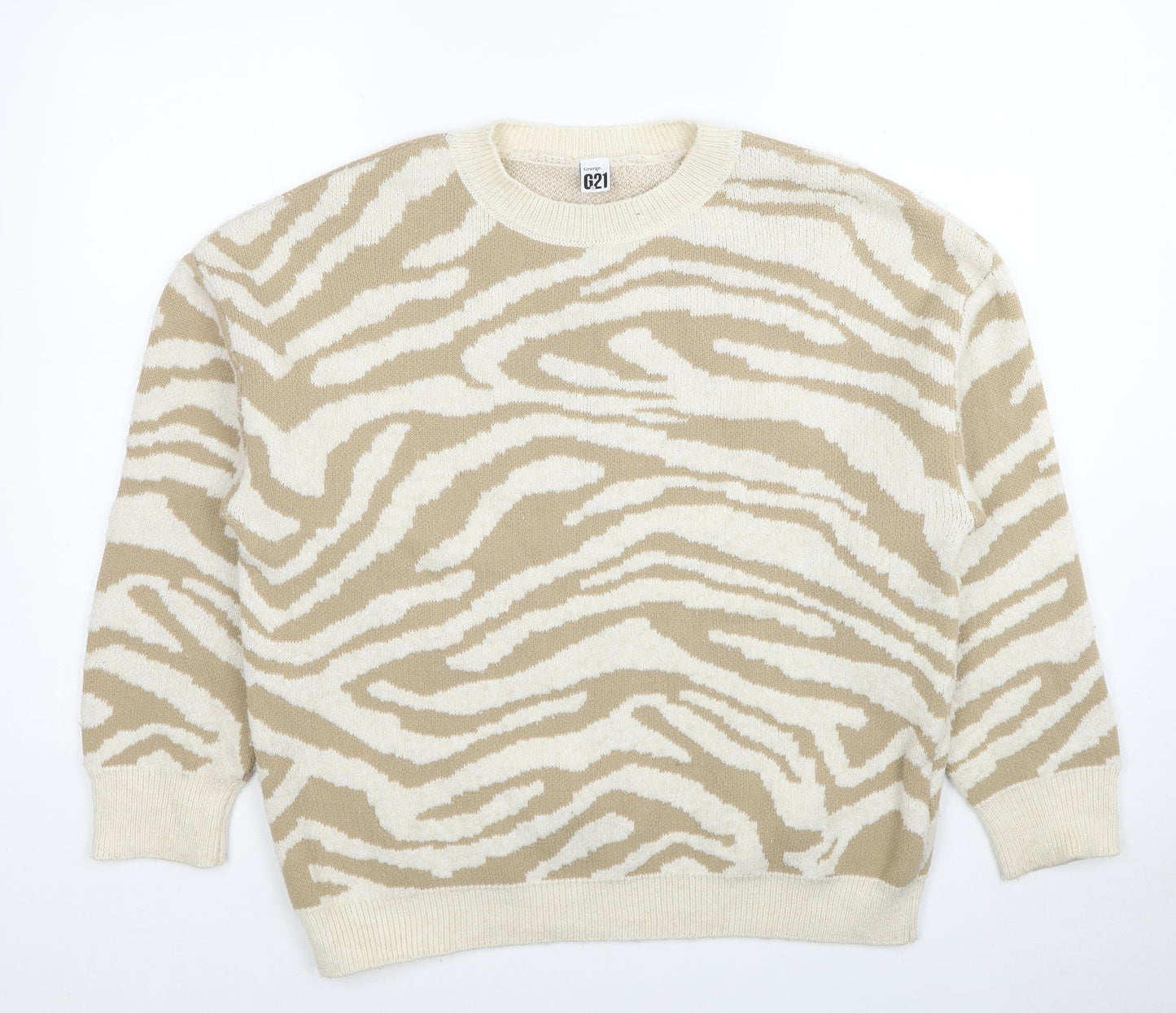 George Womens Beige Round Neck Animal Print Polyester Pullover Jumper Size 12