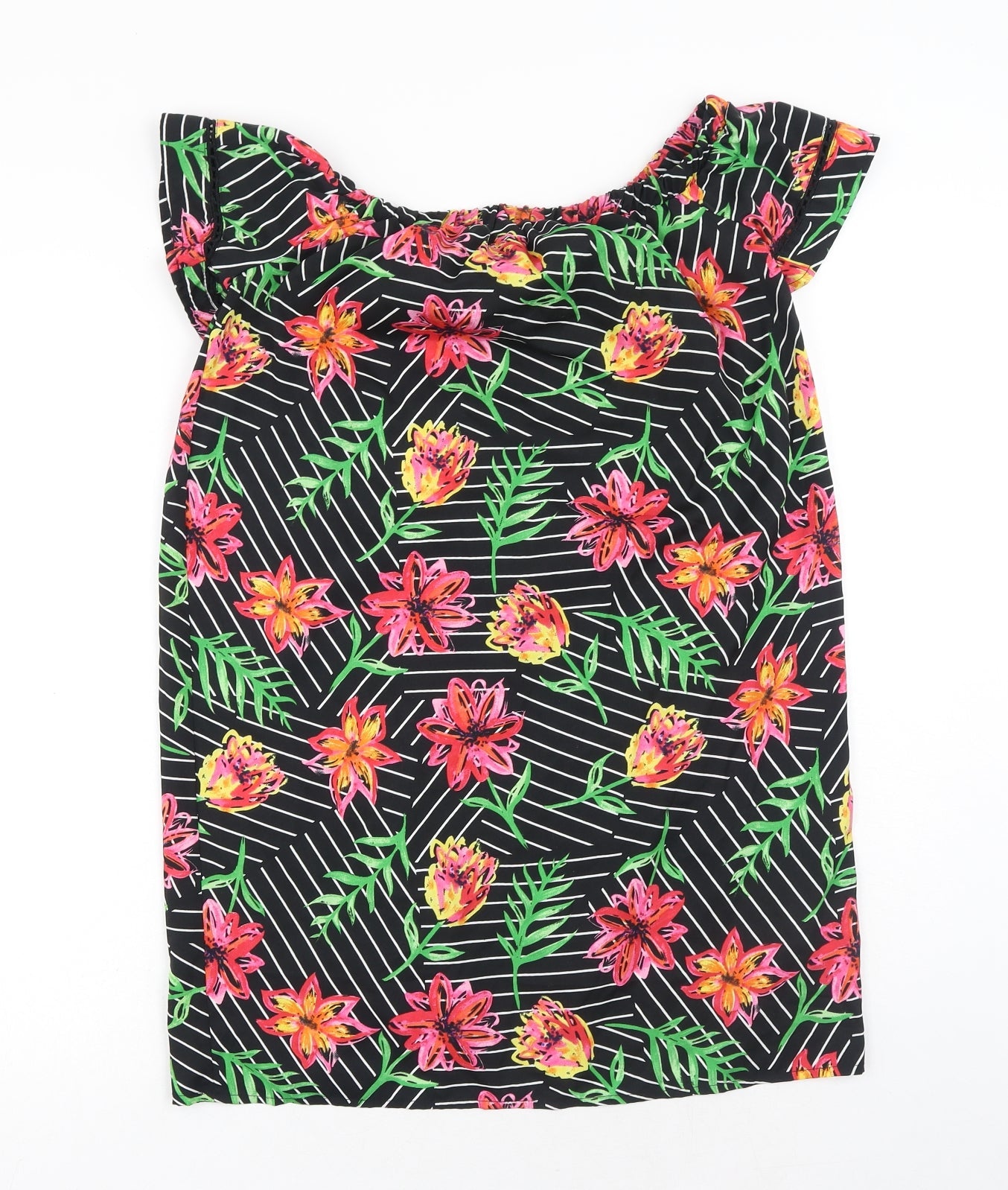 Primark Womens Black Floral Polyester T-Shirt Dress Size 8 Off the Shoulder Pullover