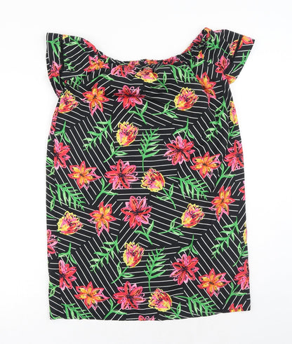 Primark Womens Black Floral Polyester T-Shirt Dress Size 8 Off the Shoulder Pullover
