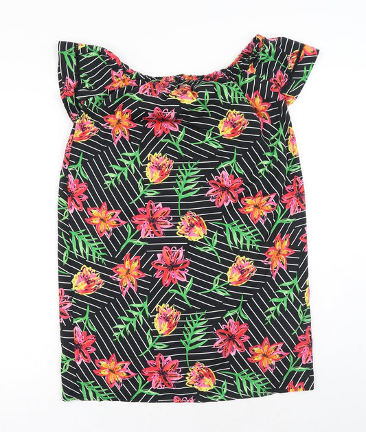Primark Womens Black Floral Polyester T-Shirt Dress Size 8 Off the Shoulder Pullover