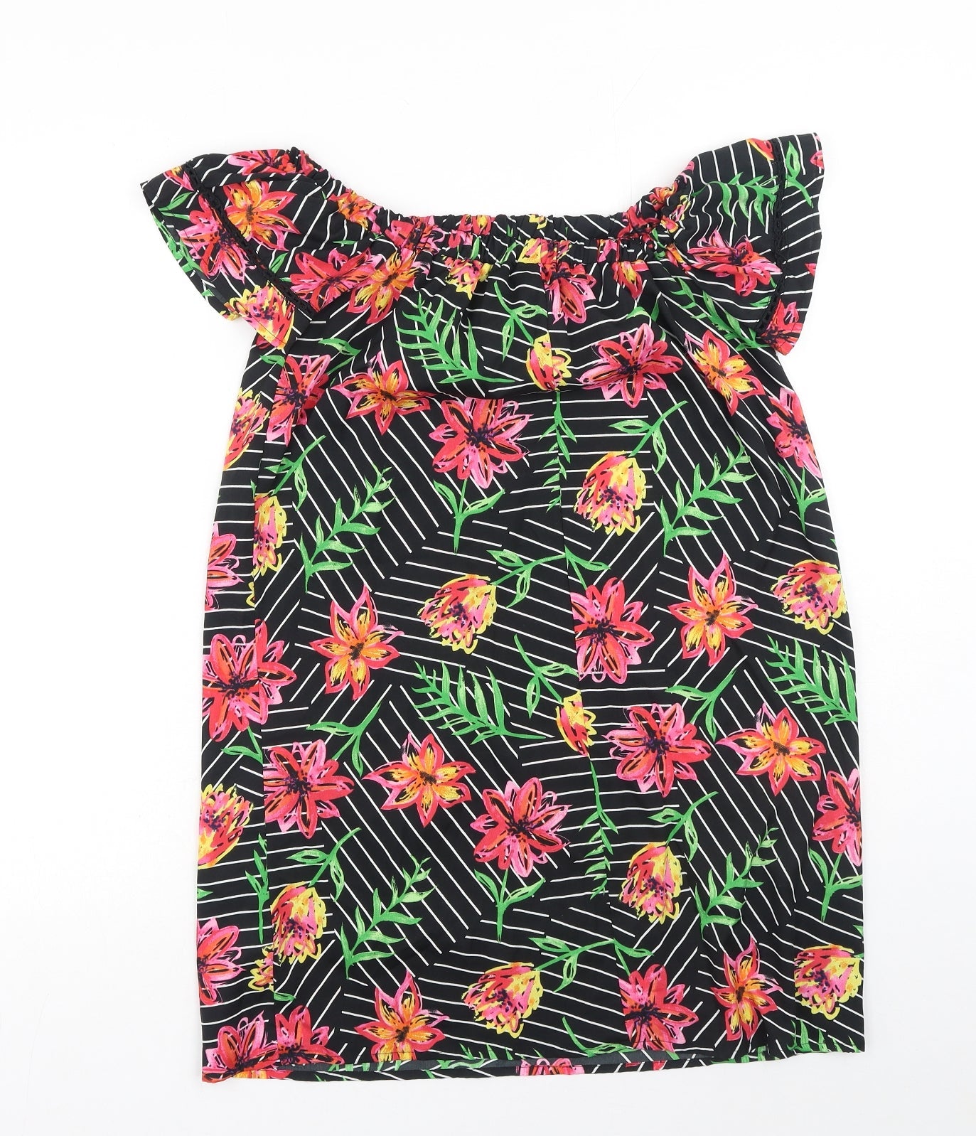 Primark Womens Black Floral Polyester T-Shirt Dress Size 8 Off the Shoulder Pullover