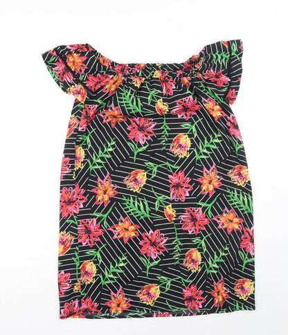 Primark Womens Black Floral Polyester T-Shirt Dress Size 8 Off the Shoulder Pullover