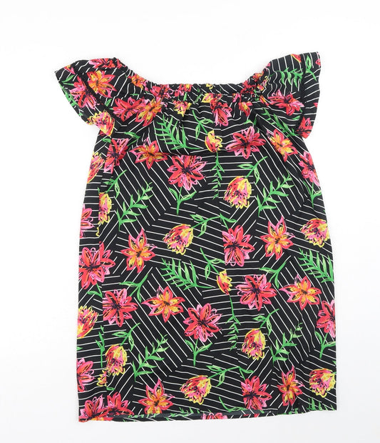 Primark Womens Black Floral Polyester T-Shirt Dress Size 8 Off the Shoulder Pullover
