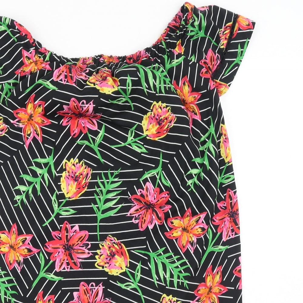 Primark Womens Black Floral Polyester T-Shirt Dress Size 8 Off the Shoulder Pullover