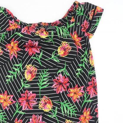 Primark Womens Black Floral Polyester T-Shirt Dress Size 8 Off the Shoulder Pullover
