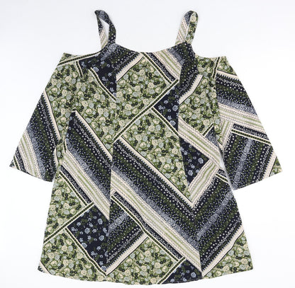 Marks and Spencer Womens Green Geometric Polyester A-Line Size 14 Round Neck Pullover - Cold Shoulder