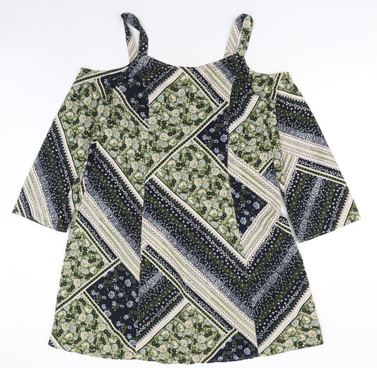 Marks and Spencer Womens Green Geometric Polyester A-Line Size 14 Round Neck Pullover - Cold Shoulder