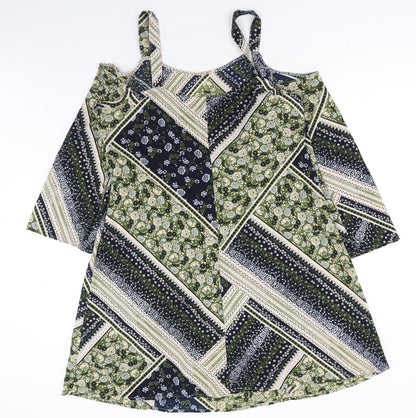 Marks and Spencer Womens Green Geometric Polyester A-Line Size 14 Round Neck Pullover - Cold Shoulder