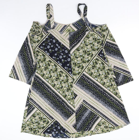 Marks and Spencer Womens Green Geometric Polyester A-Line Size 14 Round Neck Pullover - Cold Shoulder